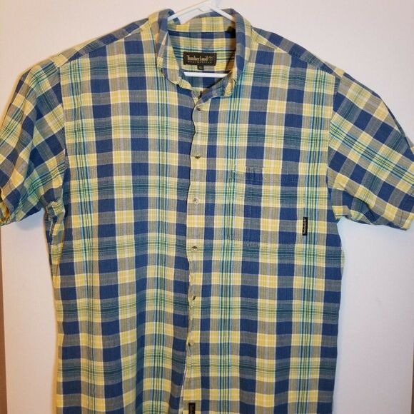 Timberland Weathergear Mens XL Blue Yellow Green Button Down Short Sleeve Shirt - Picture 1 of 2